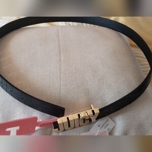 NICE NEW BLACK BELT WITH GOLD PLATED "JUICY" BUCKLE.  SIZE M/L
